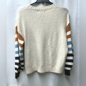 Pink Lily Women’s Cream Striped Colorful Balloon Sleeve Boho Sweater Large